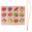 2-in-1 Wooden Cartoon Jigsaw Puzzles Blocks Board & Beads Threading Educational Toy Play Activity- Fruits