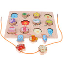 2-in-1 Wooden Cartoon Jigsaw Puzzles Blocks Board & Beads Threading Educational Toy Play Activity- Marine
