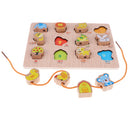 2-in-1 Wooden Cartoon Jigsaw Puzzles Blocks Board & Beads Threading Educational Toy Play Activity- Animal