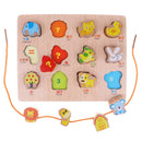 2-in-1 Wooden Cartoon Jigsaw Puzzles Blocks Board & Beads Threading Educational Toy Play Activity- Animal