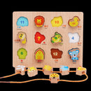 2-in-1 Wooden Cartoon Jigsaw Puzzles Blocks Board & Beads Threading Educational Toy Play Activity- Animal
