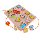 2-in-1 Wooden Cartoon Jigsaw Puzzles Blocks Board & Beads Threading Educational Toy Play Activity- Animal