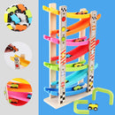 Wooden 7-Layer Ramp Race Track & 8 Mini Inertia Car Sliding Toy Vehicel & Train Playset for Baby Toddler Fine Motor Skill Developmental Activity