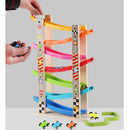 Wooden 7-Layer Ramp Race Track & 8 Mini Inertia Car Sliding Toy Vehicel & Train Playset for Baby Toddler Fine Motor Skill Developmental Activity