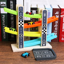 Kids Intellectual Wooden Inertial 4 Layers Ramp Track & Race Car Developmental Toy Vehicle with 4 Small Cars Racers