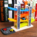 Kids Intellectual Wooden Inertial 4 Layers Ramp Track & Race Car Developmental Toy Vehicle with 4 Small Cars Racers