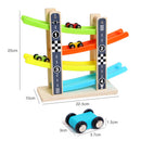 Kids Intellectual Wooden Inertial 4 Layers Ramp Track & Race Car Developmental Toy Vehicle with 4 Small Cars Racers