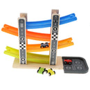 Kids Intellectual Wooden Inertial 4 Layers Ramp Track & Race Car Developmental Toy Vehicle with 4 Small Cars Racers