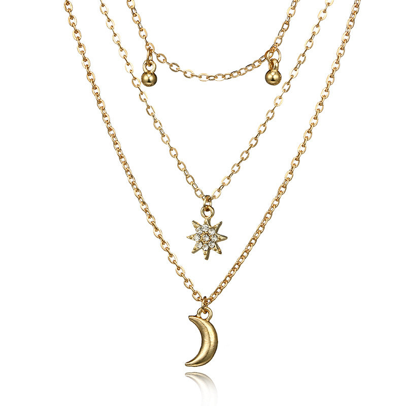 Bohemian Moon Multi-layer Pendant Necklace Sun Rhinestone Bell Tassel Chain Necklace