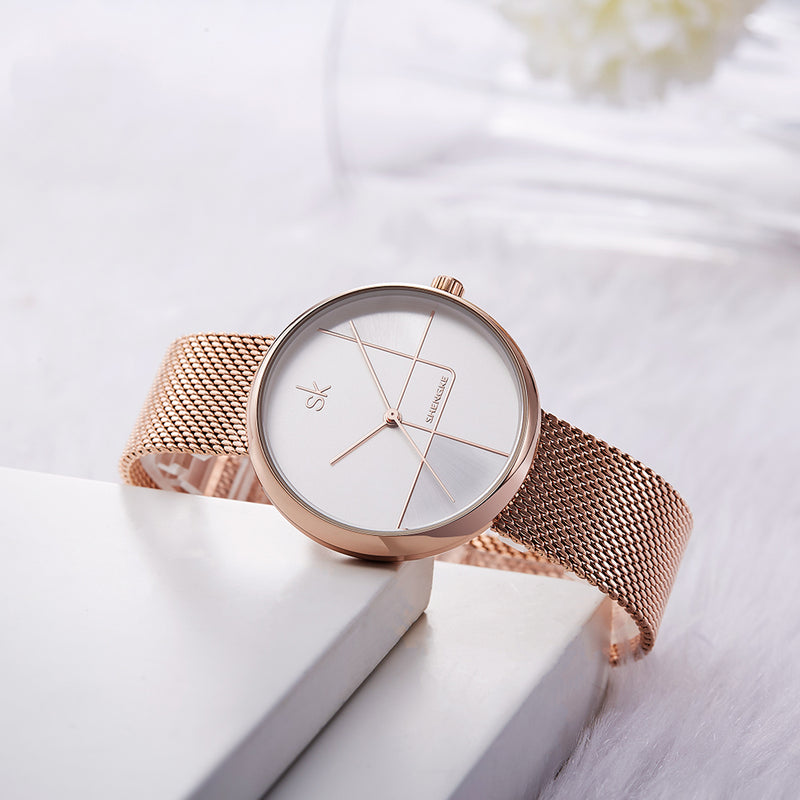 SHENGKE SK  K0105L Geometric Line Simple Needle Dial Women Full Steel Ladies Dress Luxury Quartz Watch