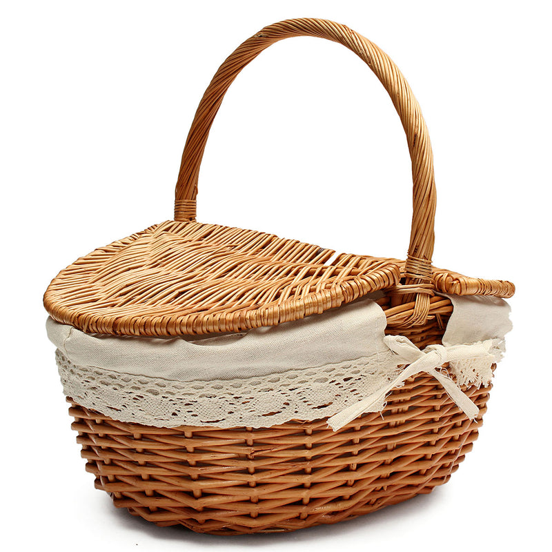 Wicker Hand Camping Picnic Storage Baskets Shopping Hamper with Lid Handle