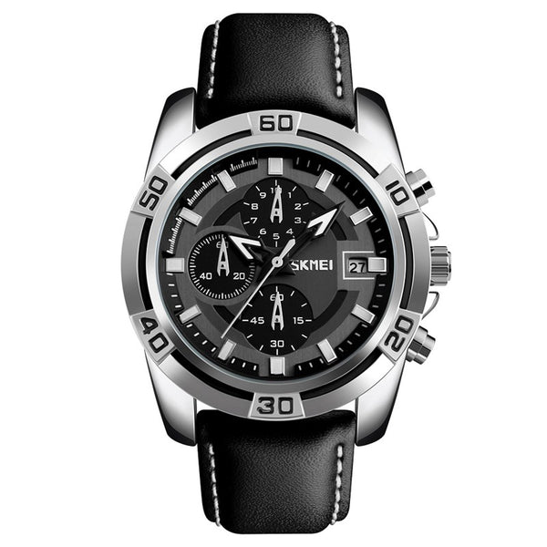 SKMEI 9156 Sport Watch Chronograph Leather Strap Waterproof Men Quartz Wrist Watch