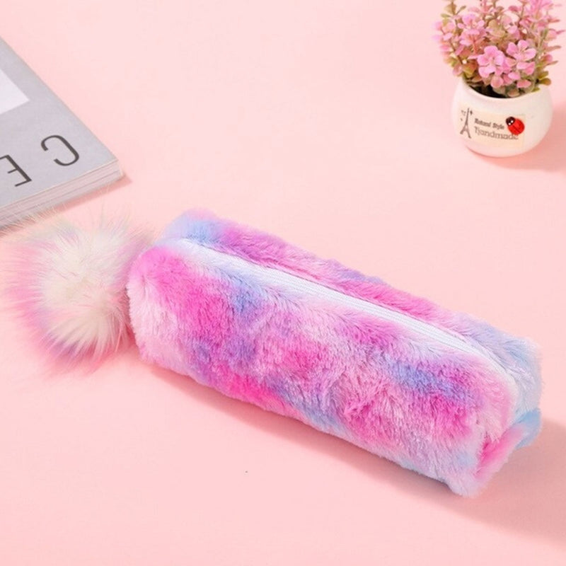 Rainbow Plush Ball Pencil Case Large Capacity Stationery Storage Bag Pouch Box Office School Supplies Gifts For Girls