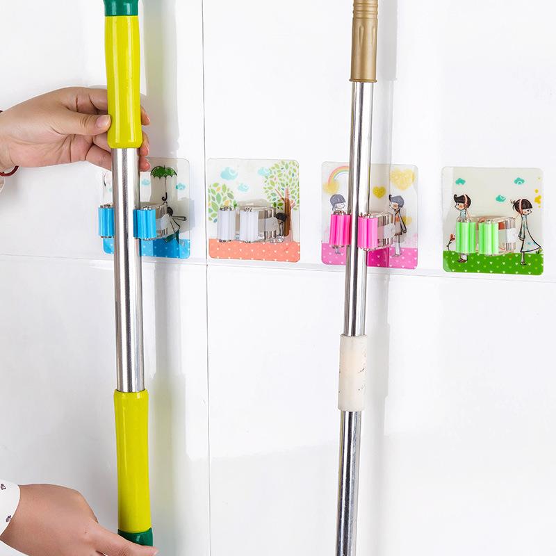 Fixed Clips Toilet Storage Organizer Mop Holder Cleaning Tool Mop Clip Self Adhesive Cartoon Wall Mounted Broom Hanger