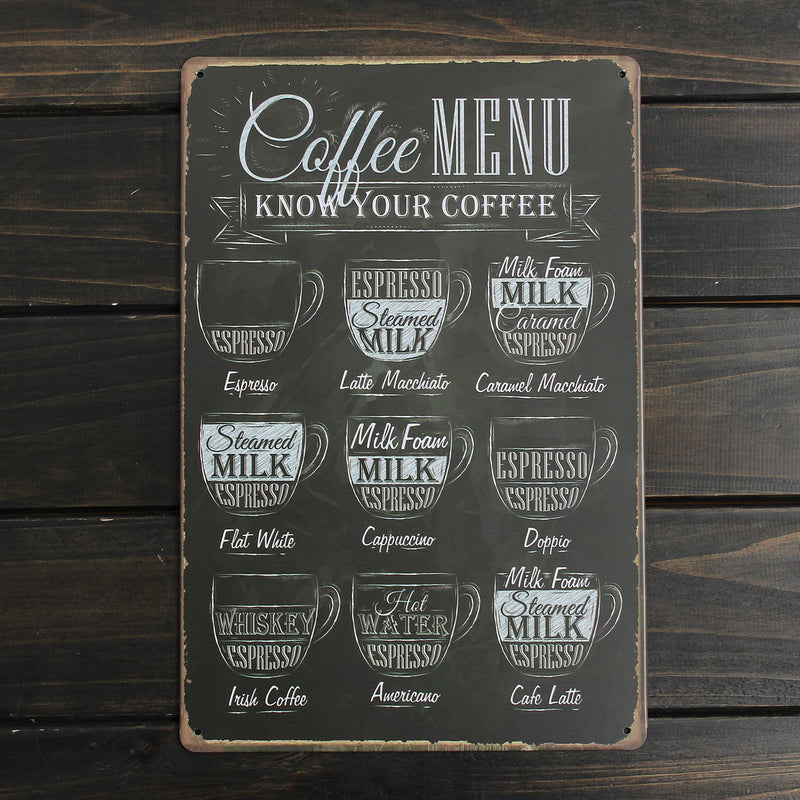 Coffee Menu Sheet Metal Drawing Metal Painting Tin Cafe Wall Tavern Poster Sign