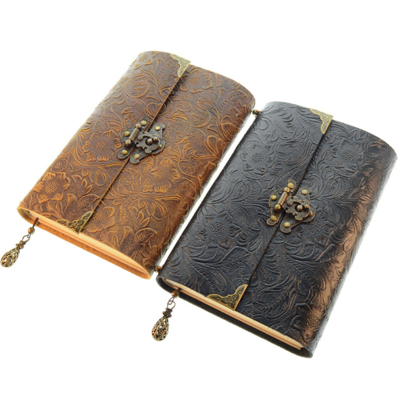 Embossed Pattern Soft Leather Travel Notebook with lock and Key Diary Notepad Kraft Paper for Business Sketching & Writing