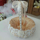 Beige Satin Lace Pearls Bowknot Handle Wedding Flower Girl Basket Bridal Bridesmaid Petals Basket Decoration