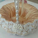 Beige Satin Lace Pearls Bowknot Handle Wedding Flower Girl Basket Bridal Bridesmaid Petals Basket Decoration