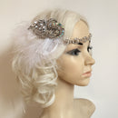 Rhinestone Chain Stretchy Band Flapper Headband White Feather Fascinator 1920s Great Gatsby Headpiece Bridal Ascot Race