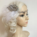 Rhinestone Chain Stretchy Band Flapper Headband White Feather Fascinator 1920s Great Gatsby Headpiece Bridal Ascot Race