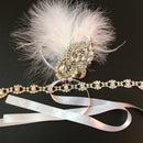 Rhinestone Chain Stretchy Band Flapper Headband White Feather Fascinator 1920s Great Gatsby Headpiece Bridal Ascot Race