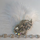 Rhinestone Chain Stretchy Band Flapper Headband White Feather Fascinator 1920s Great Gatsby Headpiece Bridal Ascot Race