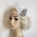 Rhinestone Chain Stretchy Band Flapper Headband White Feather Fascinator 1920s Great Gatsby Headpiece Bridal Ascot Race