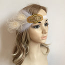 Gold Beads Headpiece White Beige Feather Flapper Headband Fascinator Fancy Dress Costume Hair Accessory