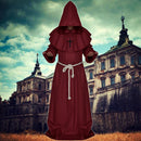 Men Women Hooded Robe Long Black Cloak Cape + Necklace + Cotton Belt for Halloween Fancy Costume Dress Accessory Wine Red S