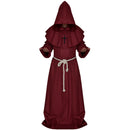 Men Women Hooded Robe Long Black Cloak Cape + Necklace + Cotton Belt for Halloween Fancy Costume Dress Accessory Wine Red S