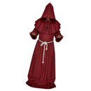 Men Women Hooded Robe Long Black Cloak Cape + Necklace + Cotton Belt for Halloween Fancy Costume Dress Accessory Wine Red S