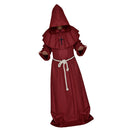 Men Women Hooded Robe Long Black Cloak Cape + Necklace + Cotton Belt for Halloween Fancy Costume Dress Accessory Wine Red L
