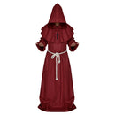 Men Women Hooded Robe Long Black Cloak Cape + Necklace + Cotton Belt for Halloween Fancy Costume Dress Accessory Wine Red L