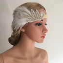 1920s Great Gatsby White Feather Fascinator Headpiece Flapper Headband Crystal Elastic Gold Band Bridal Fancy Dress Accessory