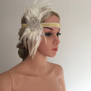 Vintage Womens Beige Feather Headband Wedding Headpiece 20s Gatsby Flapper Costume