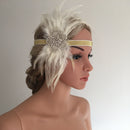Vintage Womens Beige Feather Headband Wedding Headpiece 20s Gatsby Flapper Costume