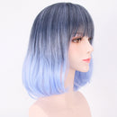 45cm Women Curly Black Blue Ombre Hair Wigs with Blunt Bangs Cosplay Costume Party Props Heat Resistant Hair Fiber Wig