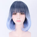 45cm Women Curly Black Blue Ombre Hair Wigs with Blunt Bangs Cosplay Costume Party Props Heat Resistant Hair Fiber Wig
