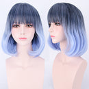 45cm Women Curly Black Blue Ombre Hair Wigs with Blunt Bangs Cosplay Costume Party Props Heat Resistant Hair Fiber Wig