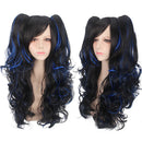 65cm Anime Wigs Wavy Curly Black Blue Mixed Beautiful Full Hair Womens Wigs with Side Bangs Cosplay Costume Props