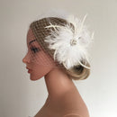 Vintage White Feather Fascinator Hair Clip Wedding Church Birdcage Face Veil Headpiece Women's Party Headwear