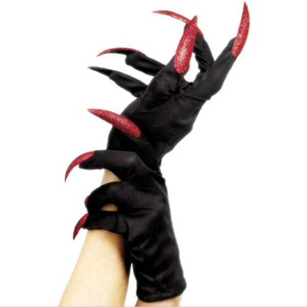 Scary Woman Witch Gloves w/ Long Red Glitter Fingernails Halloween Costume