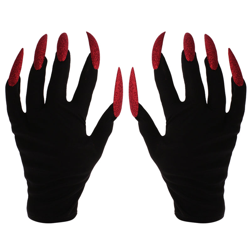 Scary Woman Witch Gloves w/ Long Red Glitter Fingernails Halloween Costume