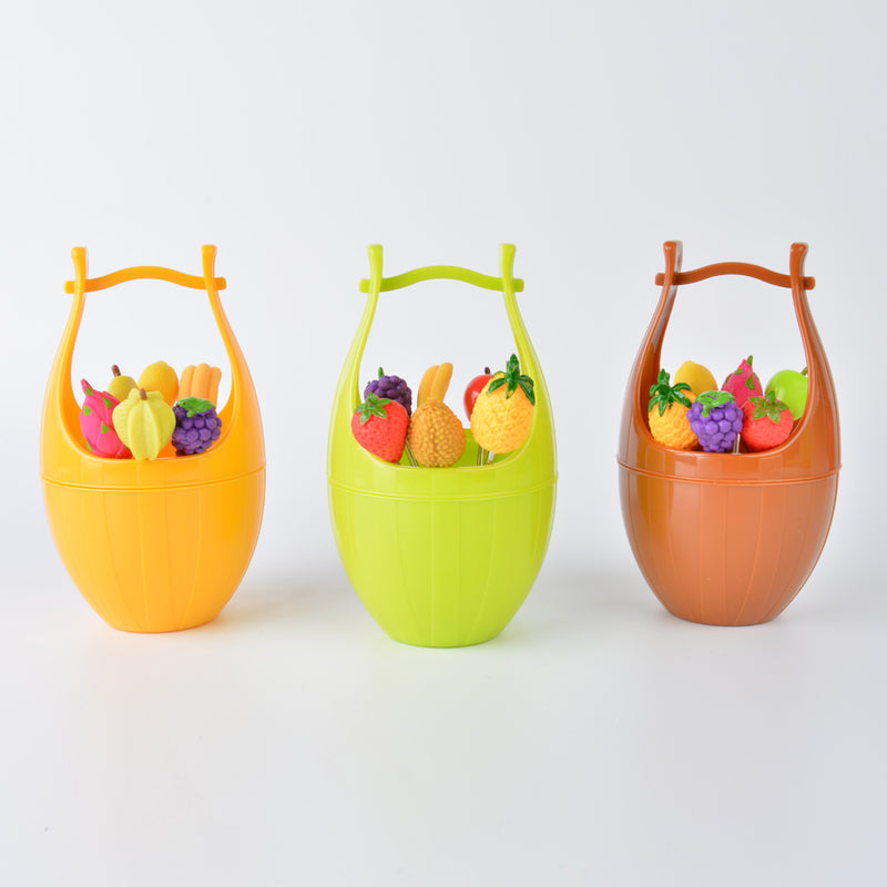 1 Set Assorted Fruit Design Fruit Vegetable Dessert Cake Picks Party Kitchen Bar Tool Gadgets Set Barrel Holder Stand