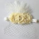 Vintage Beige Flower Feather Headband with Veil Baby Girls Wedding Headpiece