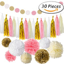 30pcs Paper Tassels Pom Poms Flowers Circle Hanging Garland Wedding Birthday Baby Shower Home Background DIY Decor