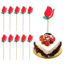 10pcs Christmas Red Fabric Rose Flower Leaves Cake Topper Cupcake Picks Wedding Celebration Party Accessories