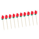 10pcs Christmas Red Fabric Rose Flower Leaves Cake Topper Cupcake Picks Wedding Celebration Party Accessories