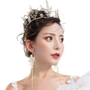 Charming Wedding Bridal Jewelry Set Long Tassel Flower Earrings Diamante Crystal Tree Crown Headband Party Prom Gift