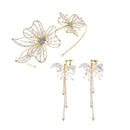 Ladies Crystal Large Flowers Headband & Long Dangle Earrings Set Wedding Bridal Accessories